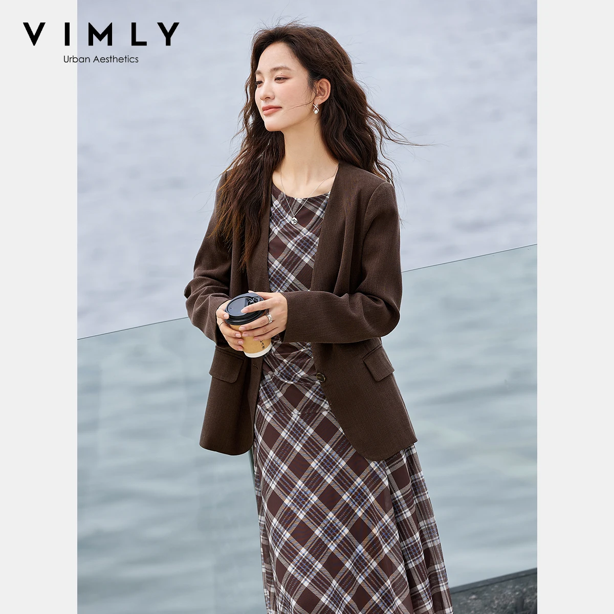 

VIMLY Women's Brown Jackets Blazers 2025 Autumn Oversize Elegant Long Sleeve Ladies Blazer Office Wear V-neck Female Coats A2779