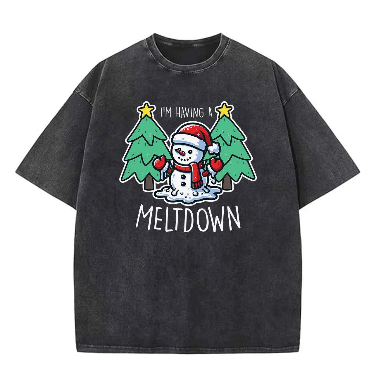 تي شيرت Meltdown 230 جرام من القطن الثقيل المغسول كبير الحجم للرجال برسومات عيد الميلاد تي شيرت كاجوال كلاسيكي