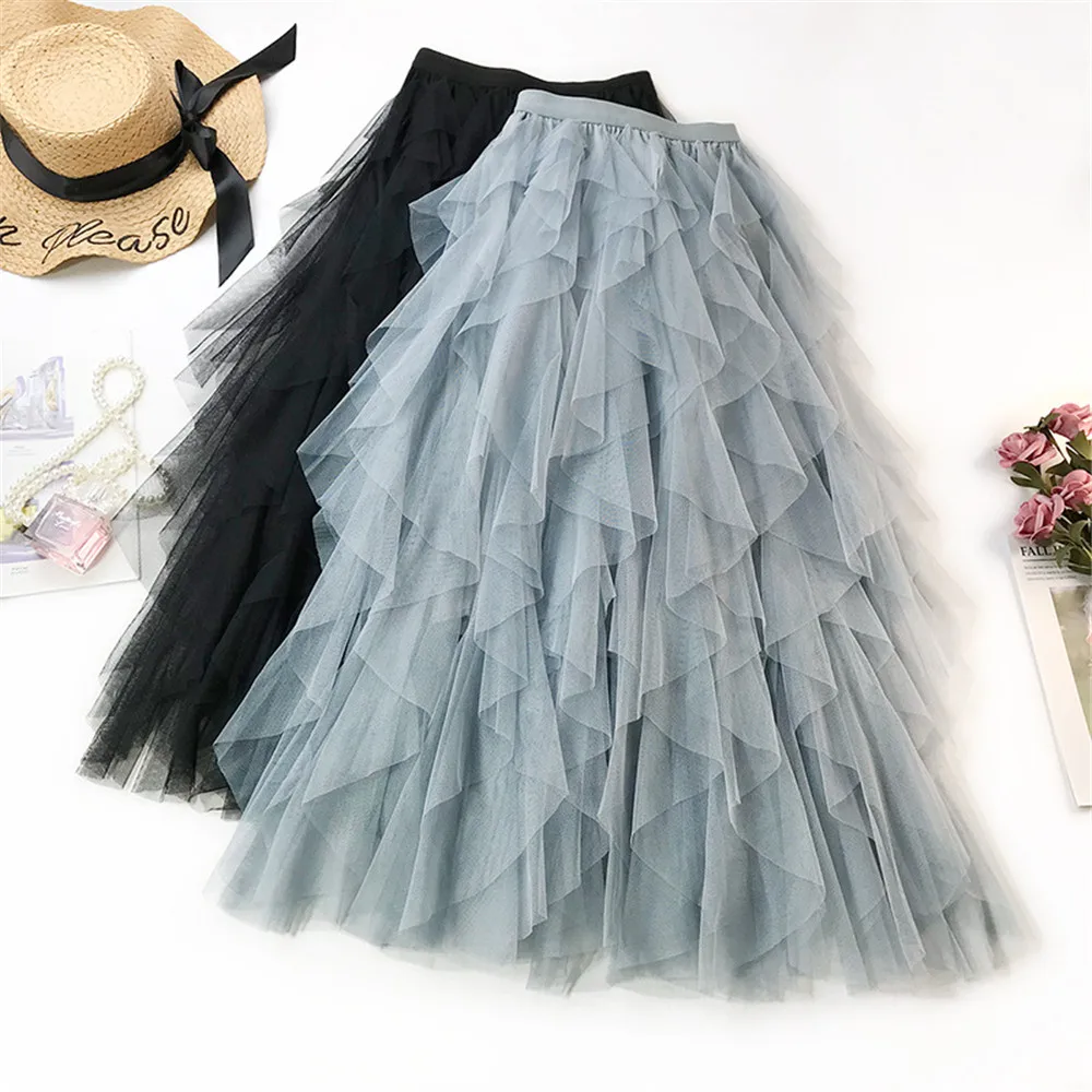 New Fashion Tutu Tulle Skirt Women Long Maxi Skirt Spring Summer Korean Black Pink High Waist Pleated Skirt Female