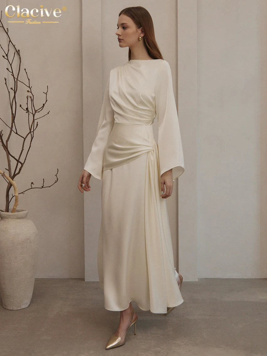 

Clacive Fashion Loose Orange Women's Dress 2026 Spring O-Neck Long Sleeve Ankle Length Dresses Elegant Classic Female Dress