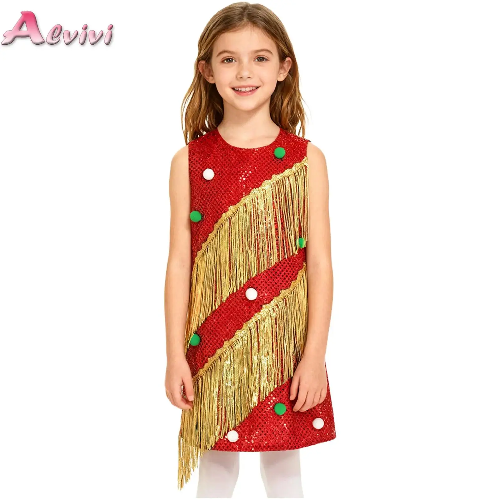 

Kids Girls Christmas Tree Dress Sleeveless Tassels Shiny Sequins Dress with Fuzzy Balls for Holiday Theme Party Cosplay Costume