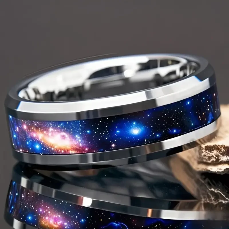 beveled shape design inlaid starry sky stickers wedding engagement gift 8mm fashionable men's starry sky stainless steel ring