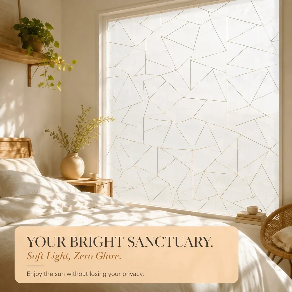 Geometric Pearlescent Privacy Window Film Static Cling Frosted Decorative Sticker Non-Adhesive for Bathroom Bedroom