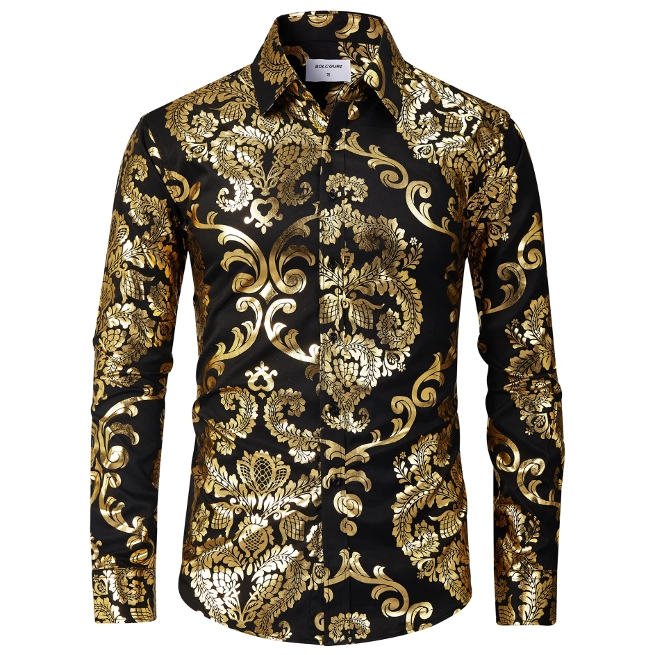 Fashion Men Luxury Baroque Style Glitter Print Formal Wear Shirt Casual Long-Sleeved Personalized Button Shirts