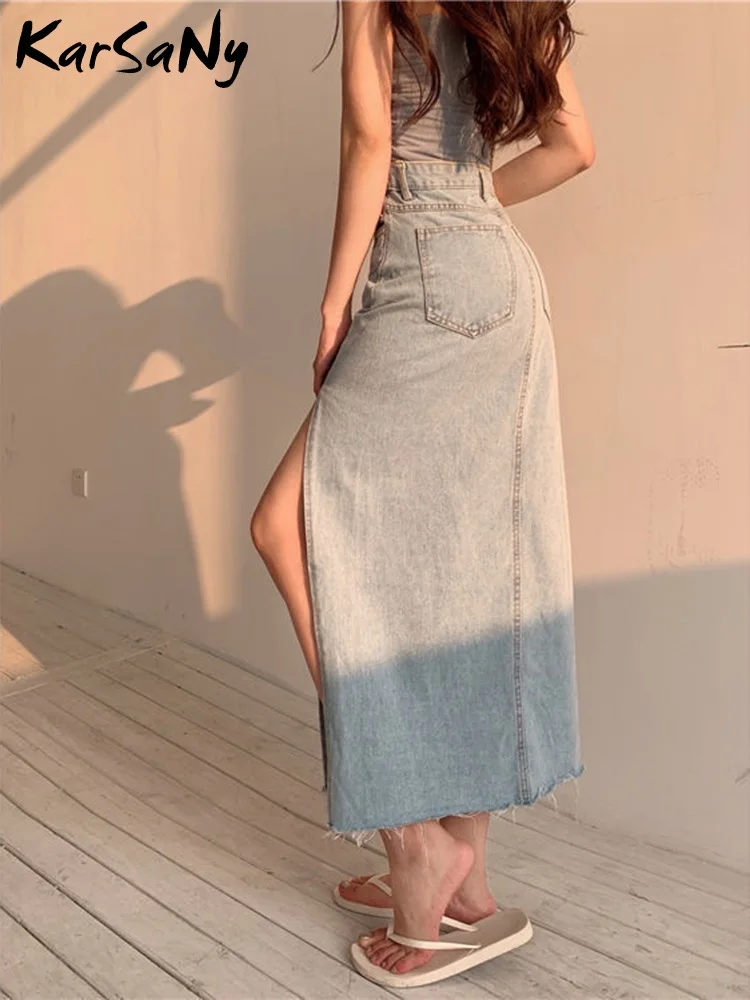 KarSaNy Casual Jeans Skirts Womens 2023 Side Slit Sexy Long Denim Skirt High Waist Summer Vintage A Line Skirts For Women Denim