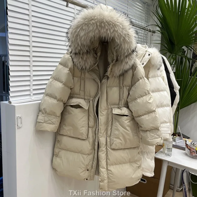 TXii New 2023 Big Real Raccoon Fur Hooded Duck Down Coat Waterproof Winter Women\'s Long Puffer Jacket Female Rain Feather Parkas