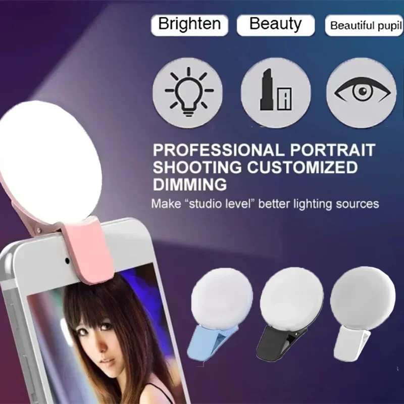 Mini anillo de luz portátil para selfie, luz de relleno led con clip, lente recargable por USB, funciona con batería en vivo para fotografía de teléfono
