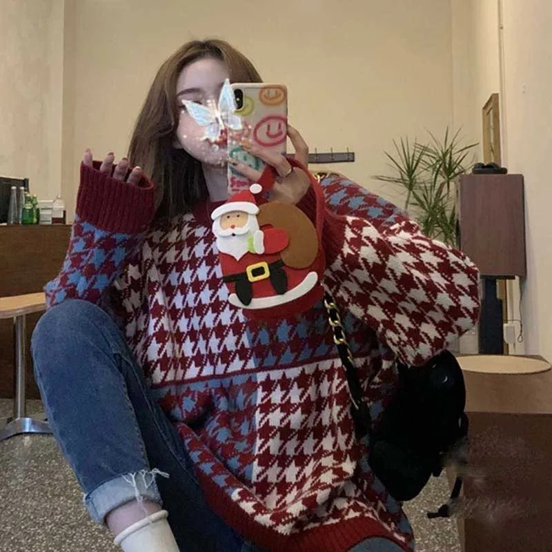 Fashion O-Neck Loose Spliced Houndstooth Sweaters Female Clothing 2023 Winter Oversized Knitted Casual Pullovers Korean Tops