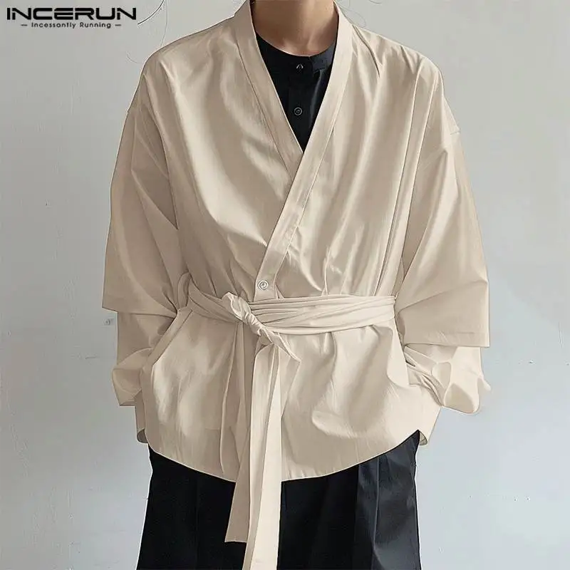 INCERUN Autumn Long Sleeve Solid Men Shirts Fashion V Neck Belt Chemise Tops Tee Streetwear Party Men Clothing Oversized S-5XL