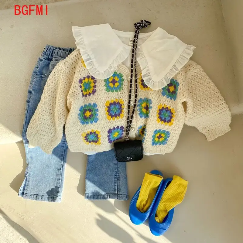 New Korean Children's Beige Clothing for Spring Summer 2025 Sweater Cardigan Girls Hollowed Out Flower Knit Sweater Toddler Coat