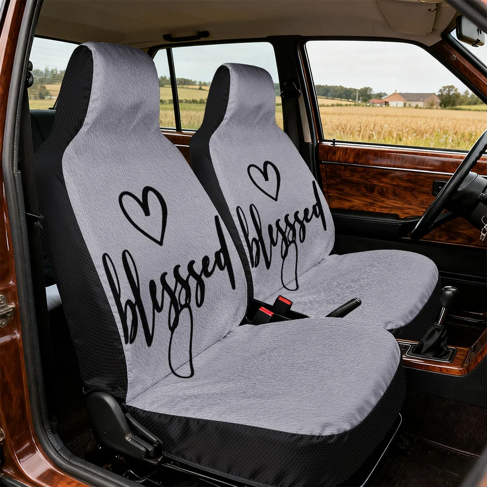 Two-Dimensional Flat Printing, A Pair Of Car Seat Covers Designed For Decoration, Featuring A Heart And Blessed Pattern, Univers