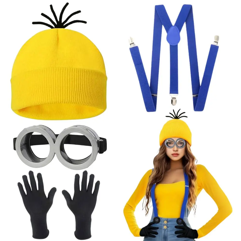 DRESHOW 3 Pcs Lunettes Steampunk Vintage Bonnet Tricoté Jaune Gants Noirs Set pour Fête de Cosplay d'Halloween et Carnaval Accessoires de Deguisement Drole Adultes