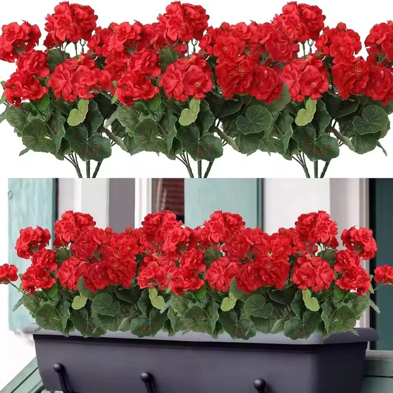 1-6 Piezas de Flores Artificiales de Geranio de Seda para Decoración del Hogar, Bodas, Jarrones, Centros de Mesa, Patio, Jardín, Plantas Artificiales Rojas para Exteriores