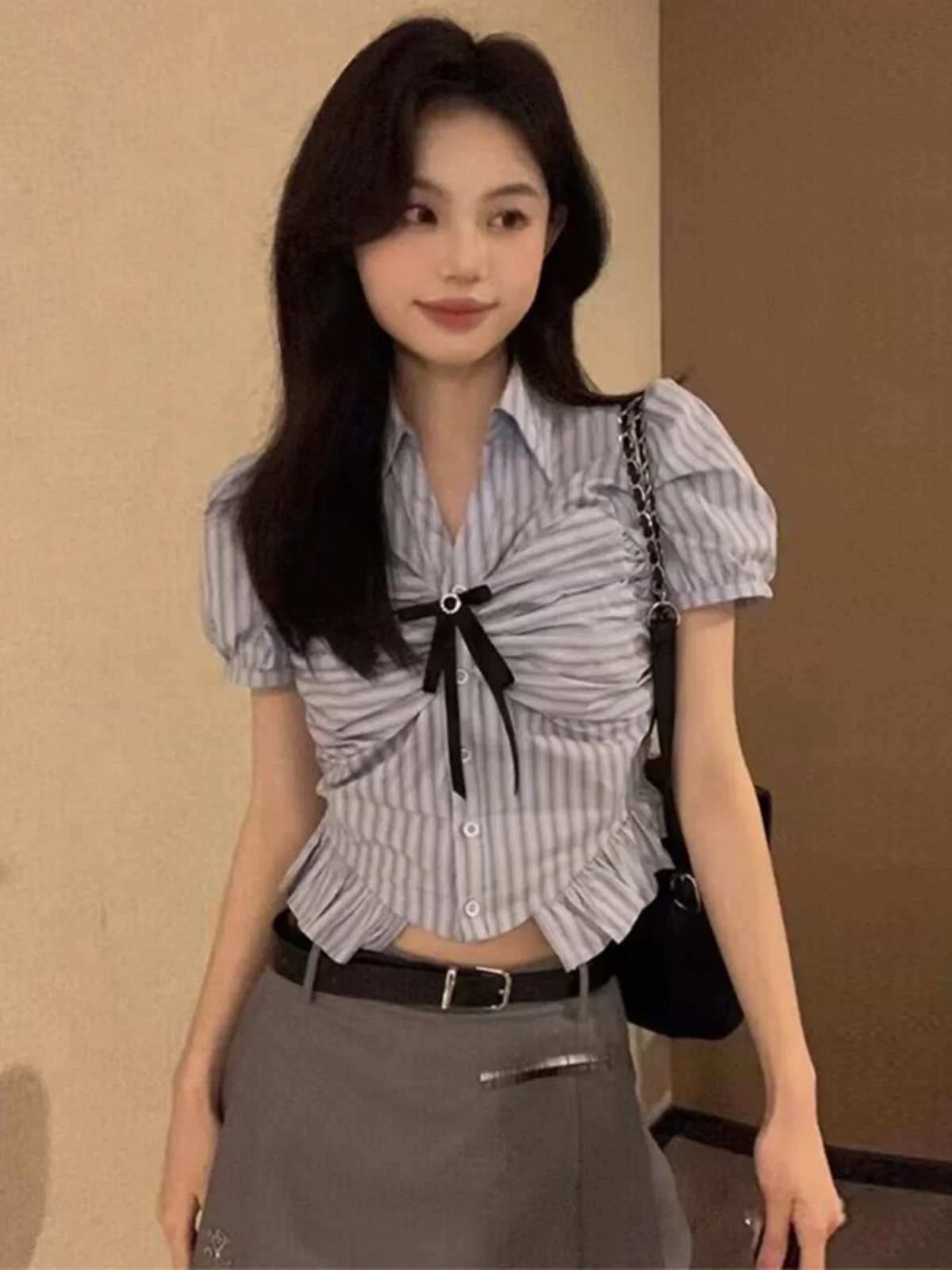 Rayas azules ort Sve irt Diseño de mujer Sensation Verano American College Sle Top ort Falda plisada Conjunto Coreano S...