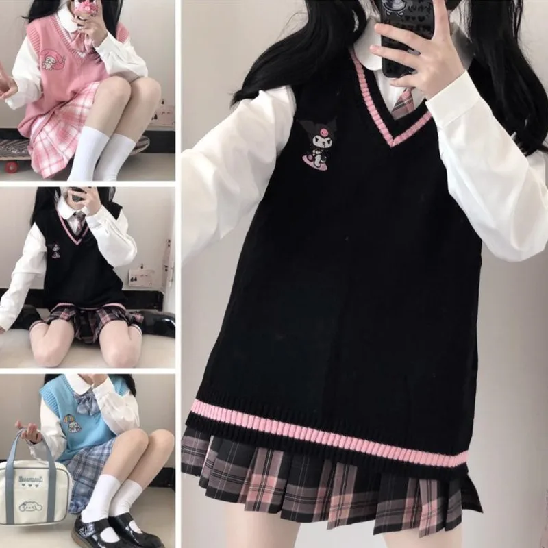 

​ ​ Вязаный жилет Sanrio Cinnamoroll Melody Kuromi — акриловый V-образный вырез с вышивкой | Женские пуловеры Kawaii Aesthetic Preppy ​ ​