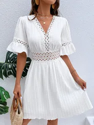 Elegant Women White Midi Summer Dress Lace Patchwork Hook Flower Hollow Short Sleeve Fashion V-neck Party Dresses For Women New