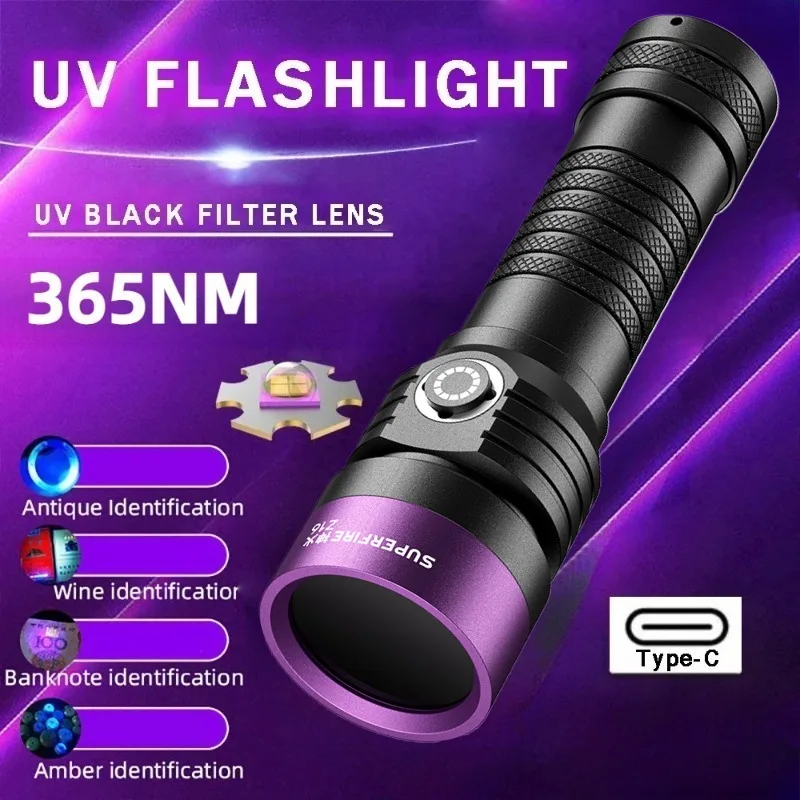 

Powerful 365nm UV LED Flashlight Black Mirror Purple Light Rechargeable Fluorescent Oil Pollution Detection Torch