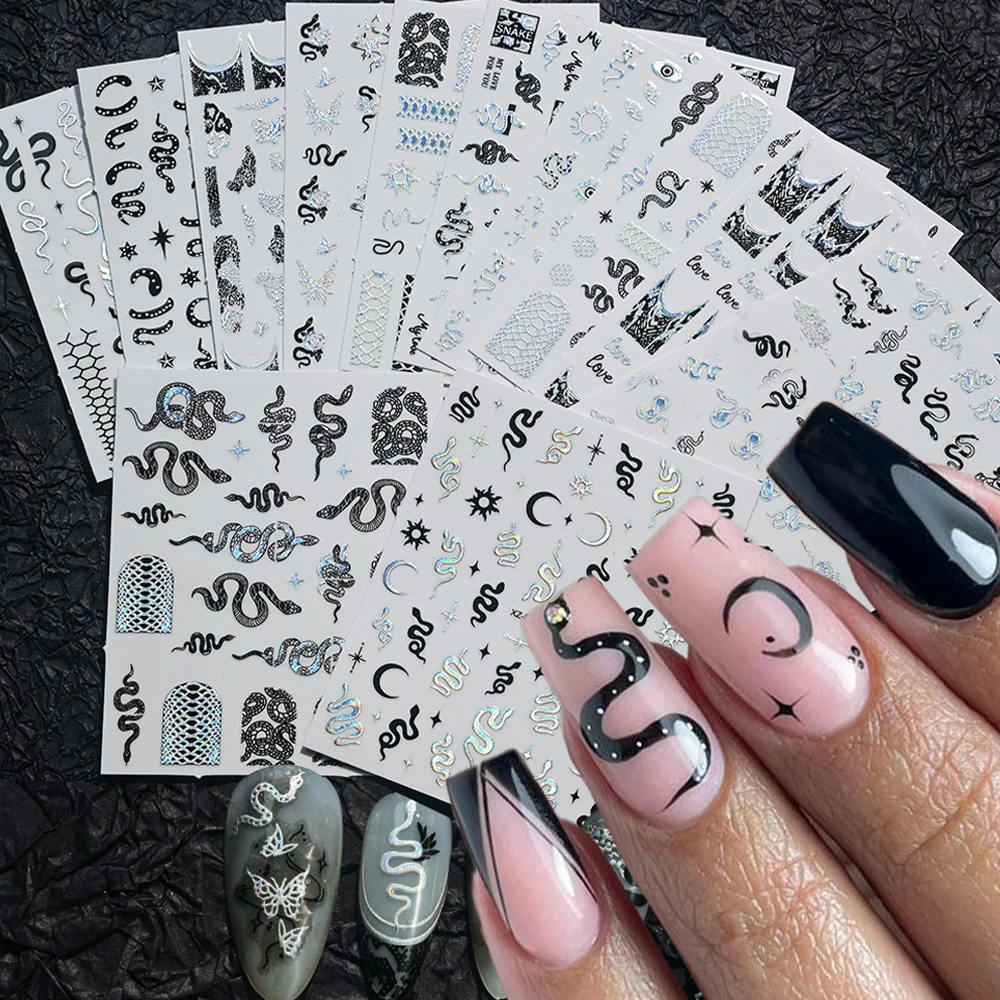 

12pcs Laser Silver Snake Nail Art Sticker Y2k Black Serpent Moon Star Adhesive Nail Decals 3D exy Cool Girls Manicure Decoration