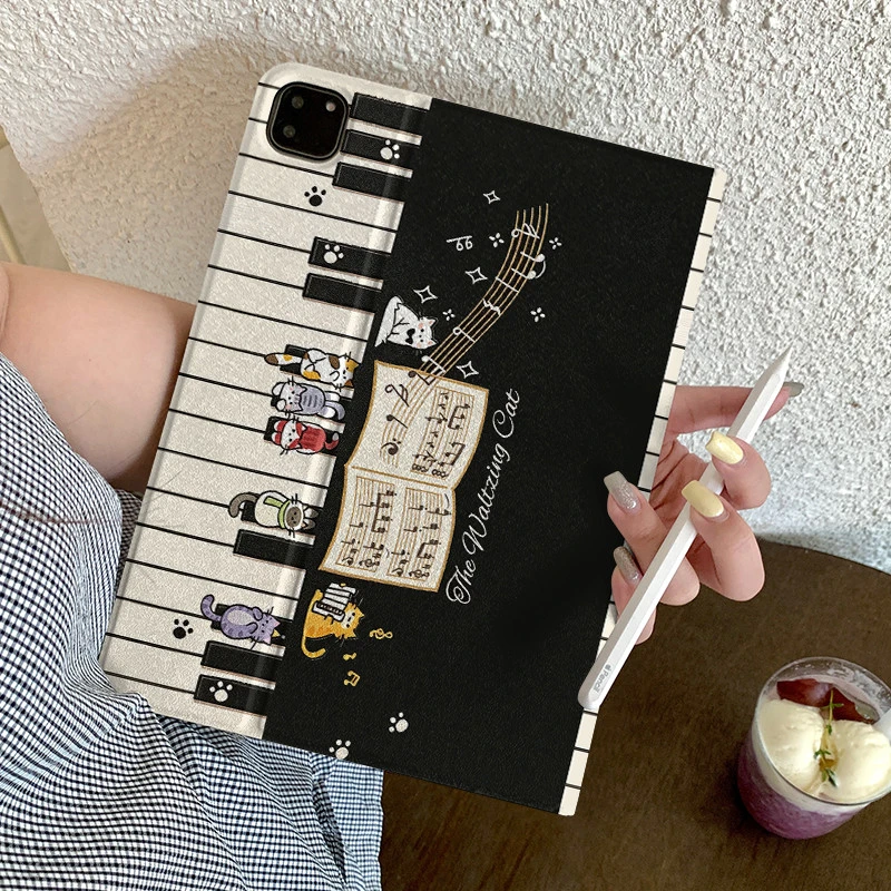 Retro Black Piano Cat Note Book Style Tablet Case For iPad Pro 11 12.9 13 A16 M2 M4 M3 M5 5/6/7/8/9/10/11th Mini Air 3 4 5 Cover