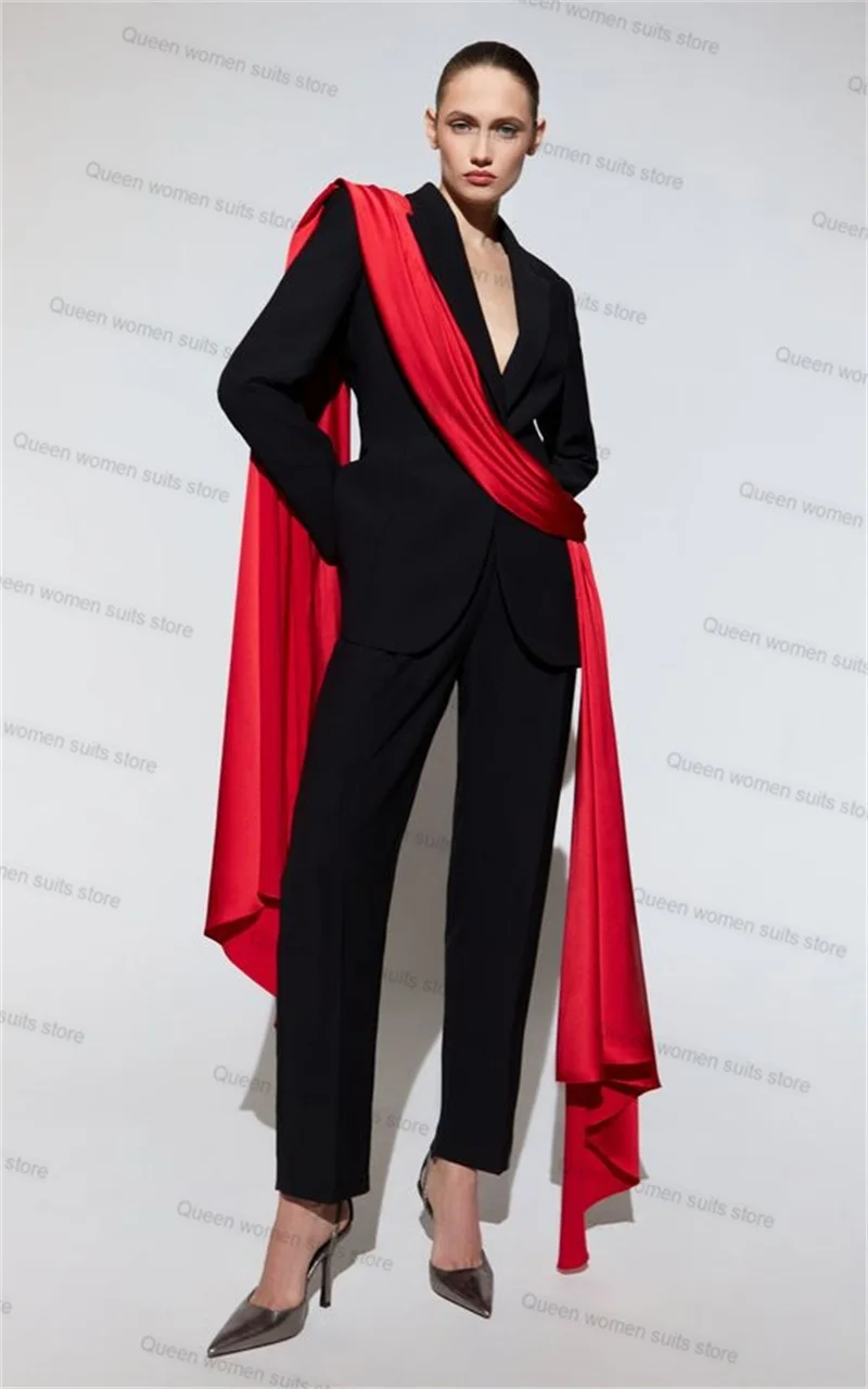 Black Wedding  Women Pants Suits Set 2 Pcs Blazer With Strap Costumes pour femmes Tailored Jacket Prom Dress Trousers Coat