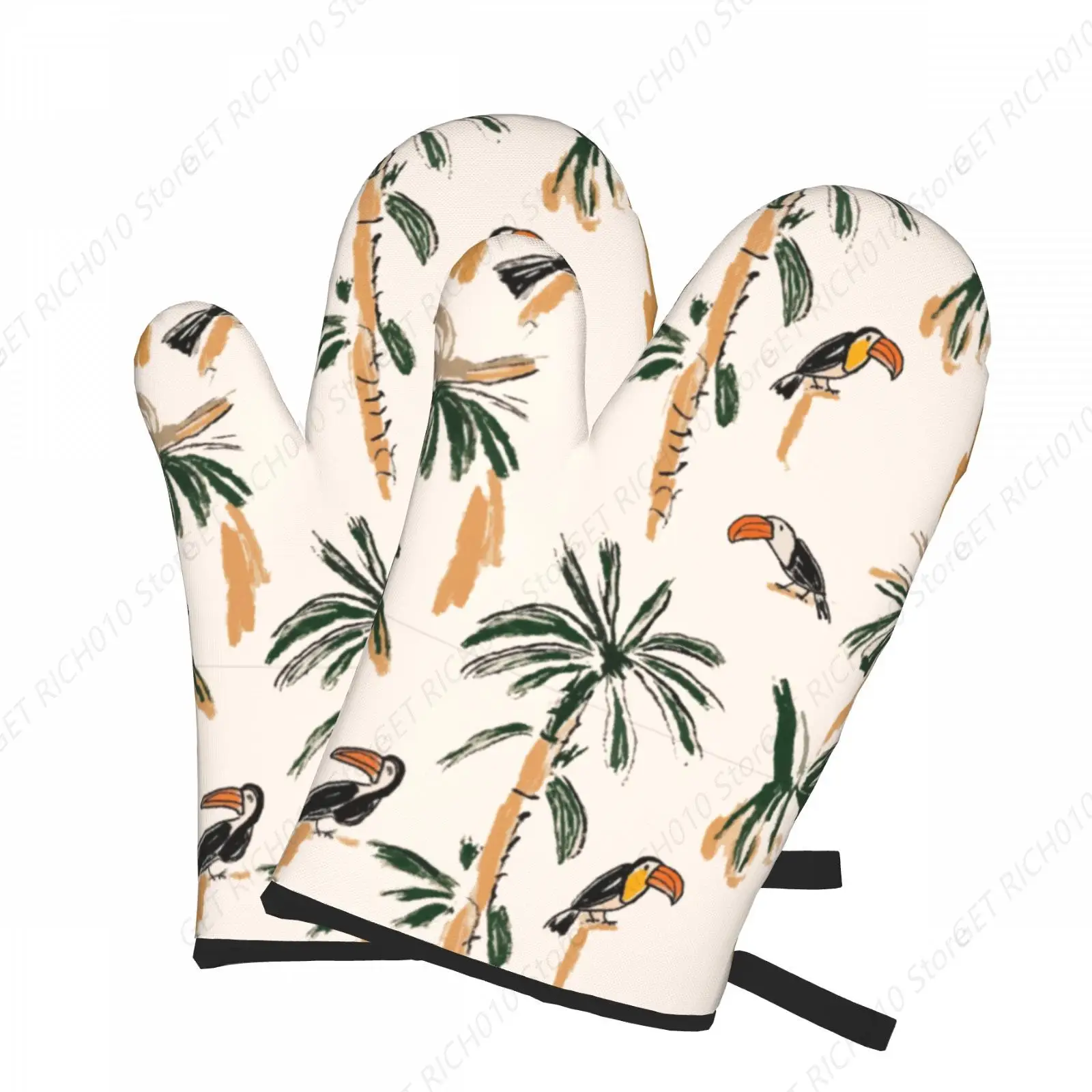 

Birds Tropical Palm Adventure Oven Gloves Unisex Polyester Potholders Non-Slip Bbq Gloves One Size