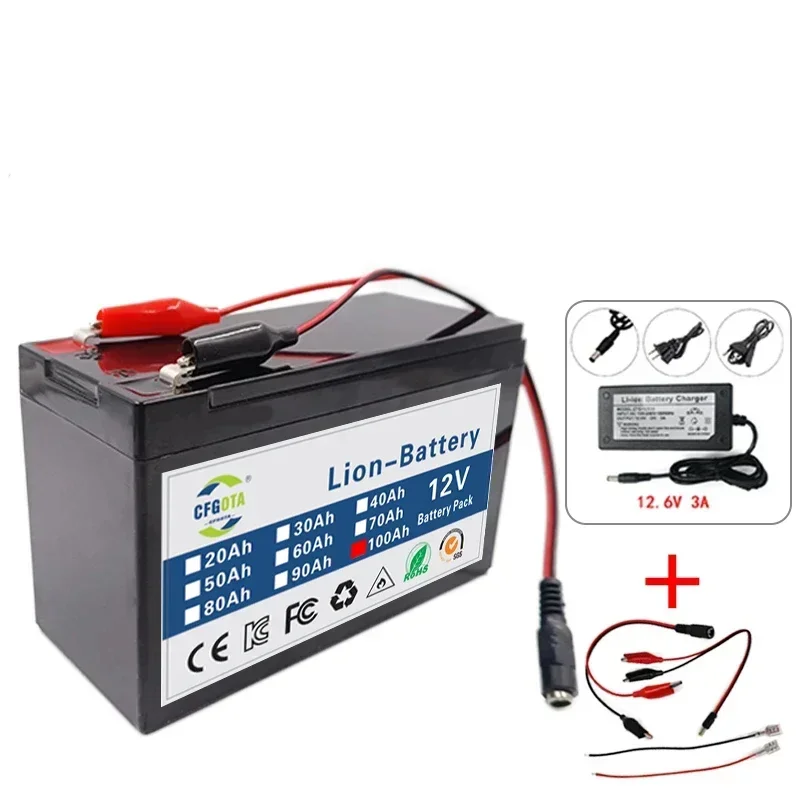 12V 100Ah 100000mAh 18650 lithium battery 30A sprayer built-in high current BMS electric vehicle battery +12.6V charger