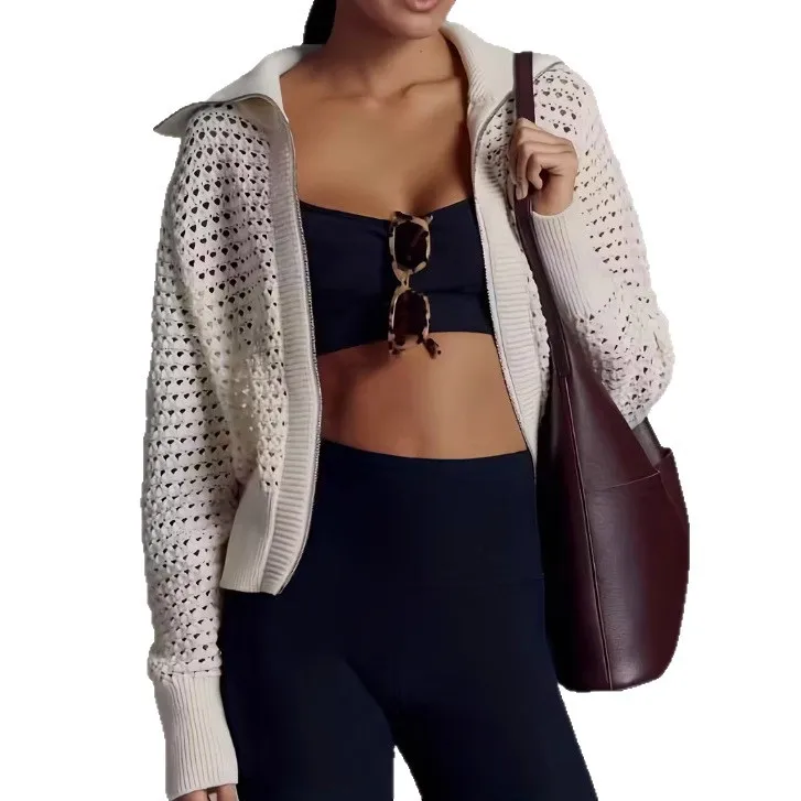 معطف نسائي جديد غير رسمي بسحاب منسوج مجوف لعام 2025