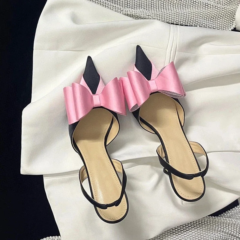 Silk bow and rhinestone high heels, new French socialites, fashionable and versatile pointed thin heels, hollow toe sandals