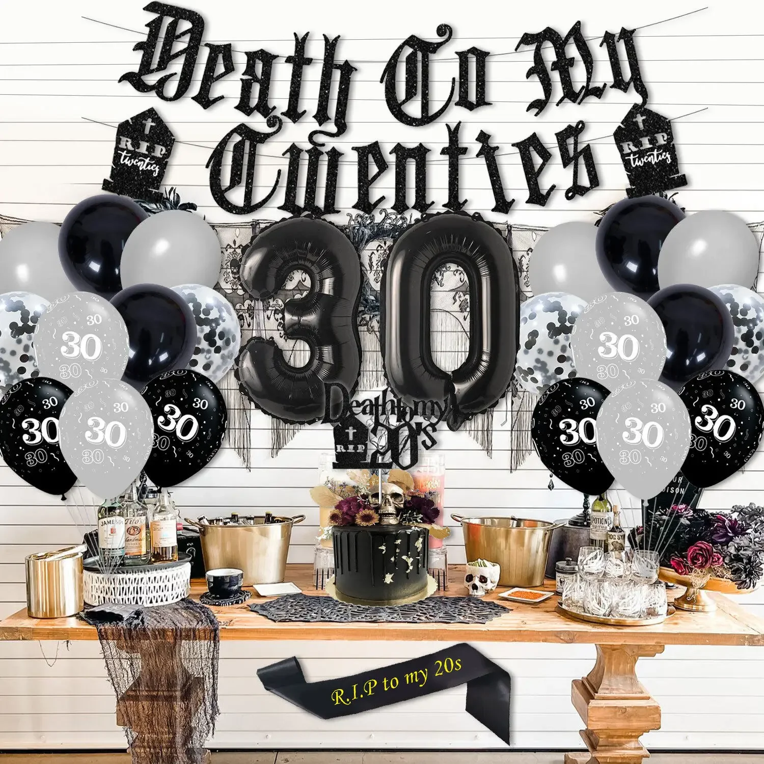 Death To My Twenties Decorations Rip Twenties Themed Balloons Banner RIP TO MY 20S Cake Topper for 30th Birthday Party Decor