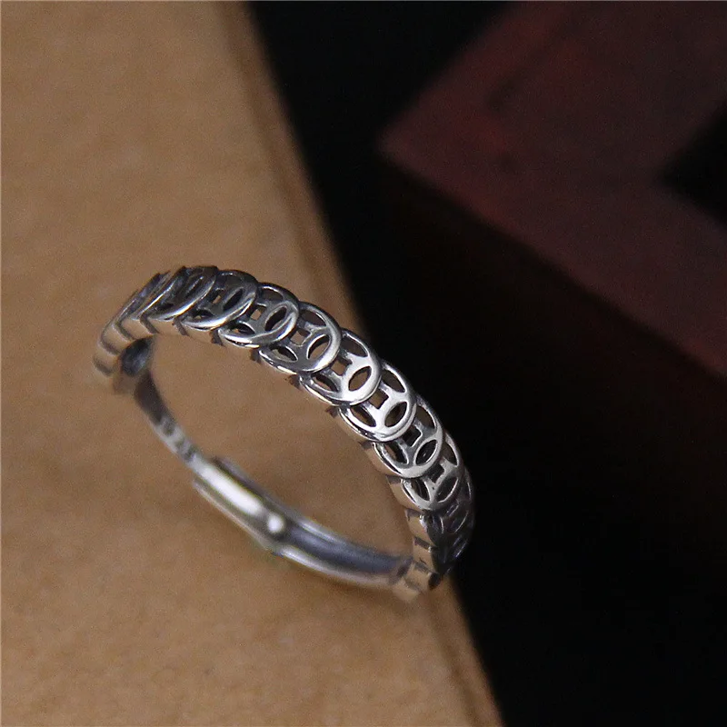 BOCAI New S925 Silver Jewelry Retro Thai Trendy Fashion Hollow Coin Ring for Men and Women Good Luck Gift