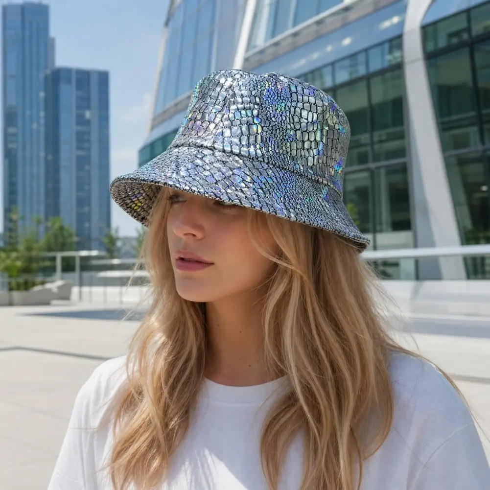 Water-repellent Bucket Hat Rainproof Sun Hat Shiny Fabric Bucket Hat with Reflective Rainproof Design Colorful Fish Scale
