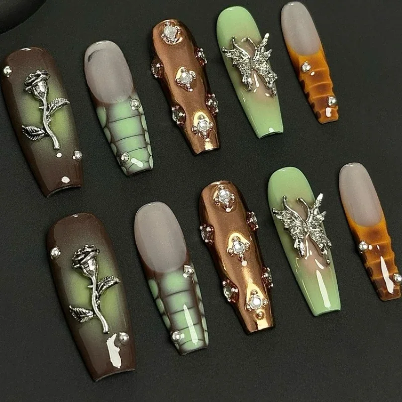 

Brown-green contrasting colors wearing nail rose butterfly diamond decoration removable nail art