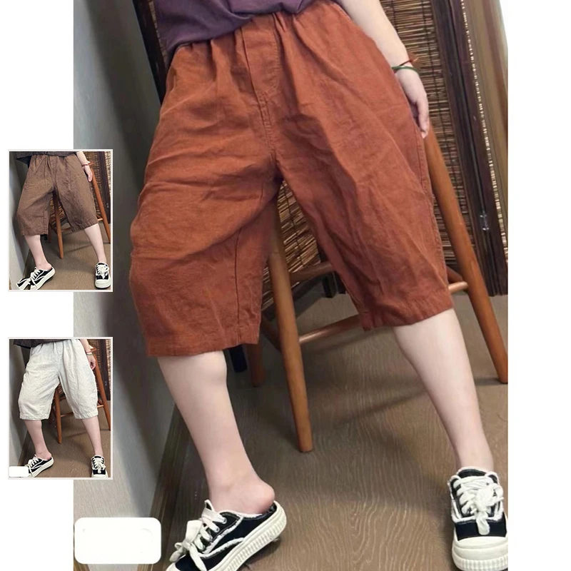 

Retro Linen Color Breathable Casual Five-Point Pants Loose Thin Elastic Waist Slim Straight Tube Mid-Calf Women's plus ...