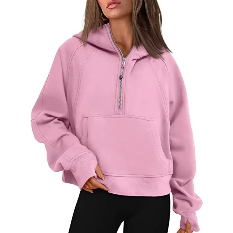 

Oversized Scuba Half-Zip Hoodie Waist Length Jackets Sweatshirts Soft Thumbholes Leisure Yoga Coat for Winter