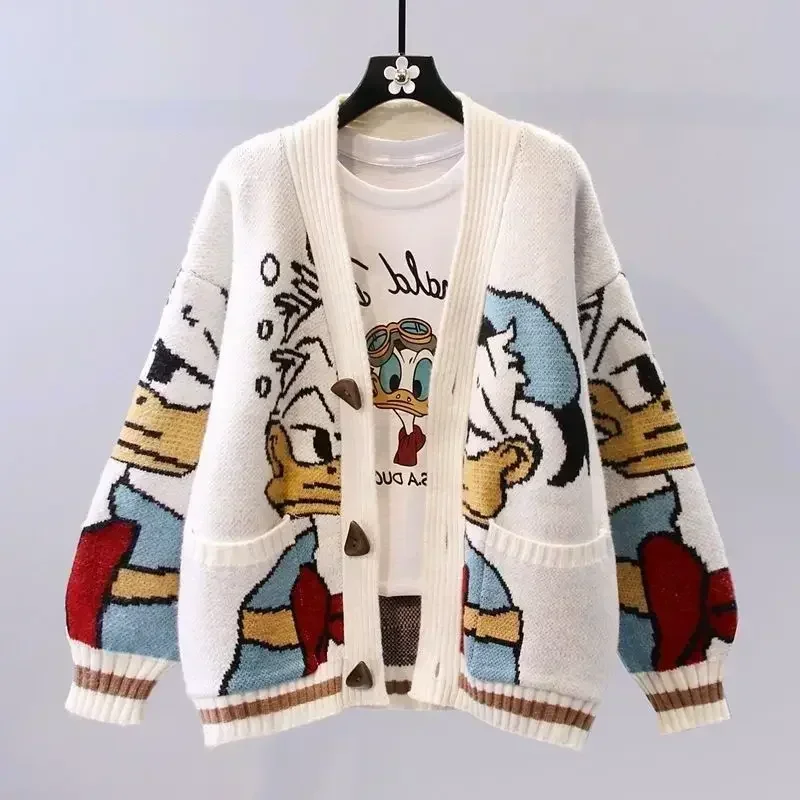 Donald Duck Women's Spring and Autumn Versatile Knitted Cardigan Sweet and Fresh Creative Cartoon Loose V-neck Sweater Jacket