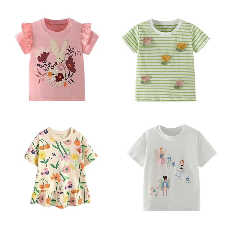 

Jumping Meters Girls Summer Bunny Embroidery T-Shirts 3-8T Short Sleeve Kids Baby Shirts Children's Tees Tops