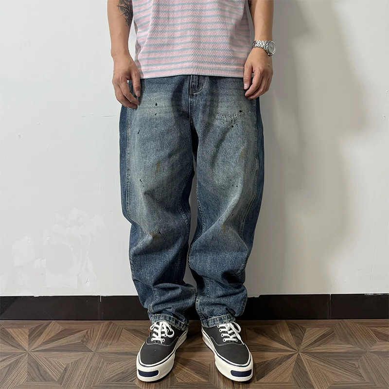 

Spring Autumn Loose Men's Vintage Dyeing Jeans Japanese Sle Heavyweight Casual Cotton Denim Trousers for Men's Wear