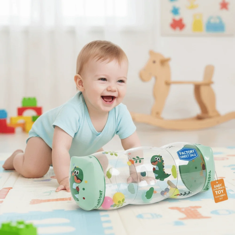 Inflatable Crawling Roller Toy Foldable Lightweight Infant Tummy Time Roller Montessori Educational Rolling Rattle view 4