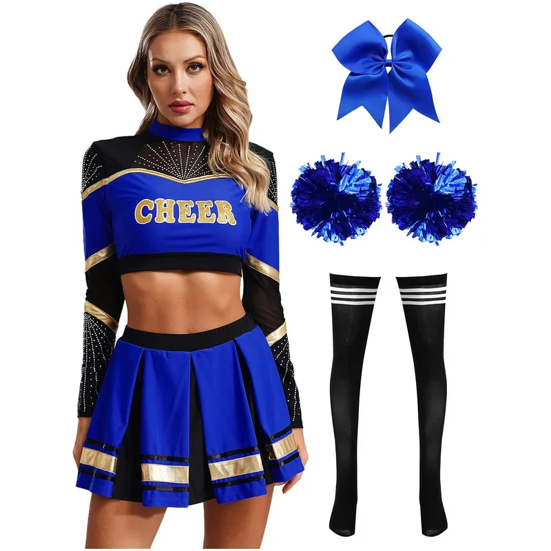 

FC6Women Cheerleading Dance Outfit Crop Top with Skirt Headband Flower Balls Stockings Sports Meeting Cosplay Party Costume@FC8！
