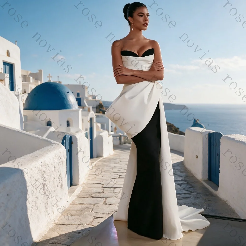Customized Sweetheart Neck Black White Contrast Satin Mermaid Dress Side Draped Long Train Evening Gown For Women Adult Ceremony