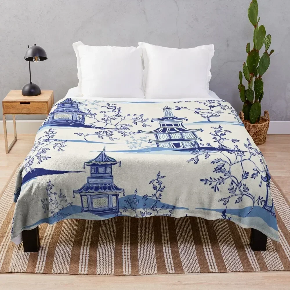 

Delft Blue and White Porcelain - Chinoiserie Vintage Tea House Garden Throw Blanket Year Round Soft Comfortable Blanket for Home