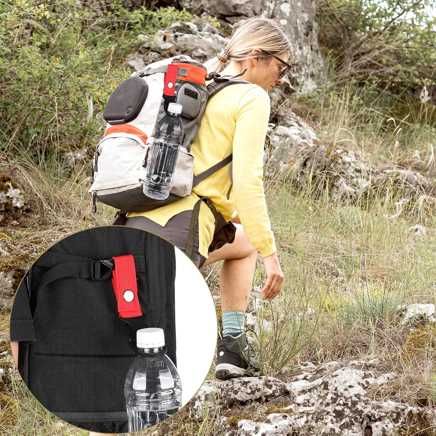 Hängende Wasserflasche Schnalle Clip Taktische tragbare Mineralflasche Ringhalter Molle Gurtband Schnallen für Outdoor Camping Wandern – Detail 3