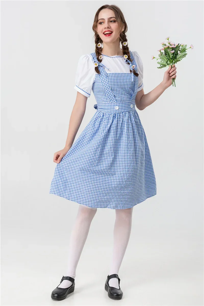 Halloween Women Cosplay Party Dress Adult Dorothy Maid Blue Plaid Dirndl Carnival Oktoberfest Costumes