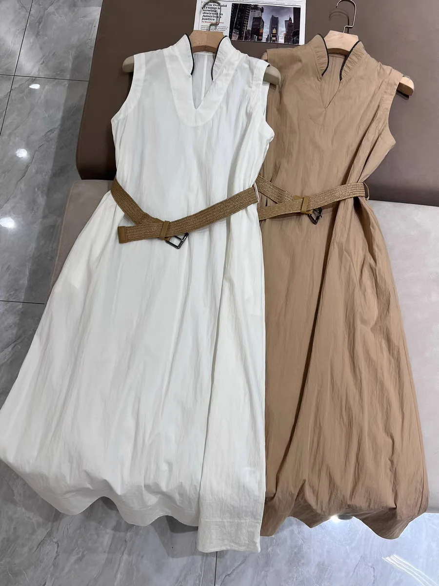 

Women Beaded Belt Robe Stand Collar Sleeveless Elegant Summer 2024 Maxi Dress
