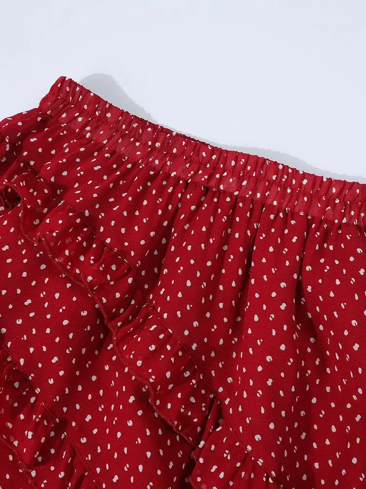 

Retro French Women Red Dot Print High Waist Pleated Long Skirt Spring Summer Vacation Versatile Ruffle Edge Half Skirts Bohemian