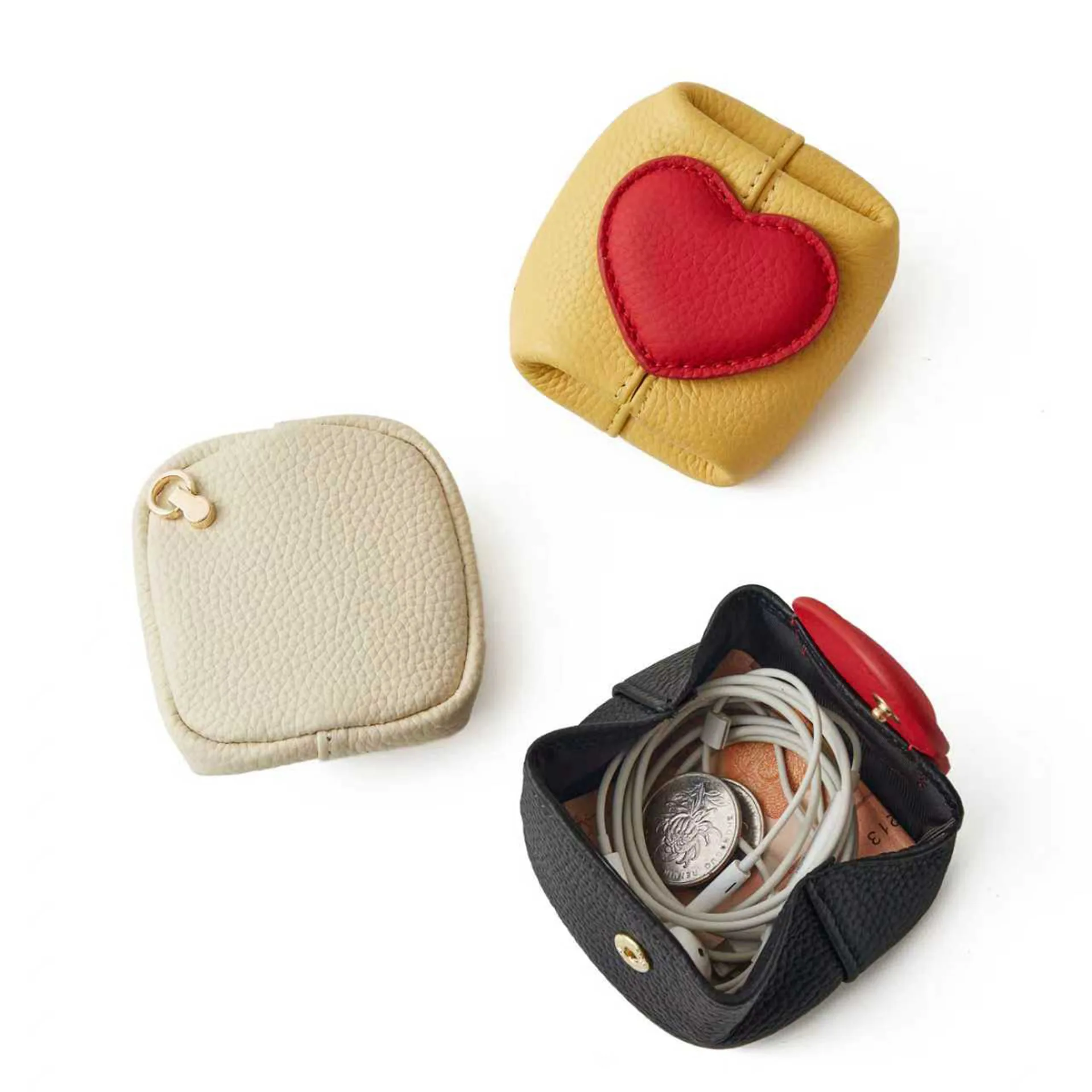 Portable Heart Shaped Coin Purse Cute Color Block Top Layer Cowhide Leather Small Wallet Jewelry Bag Short Style Spring Season
