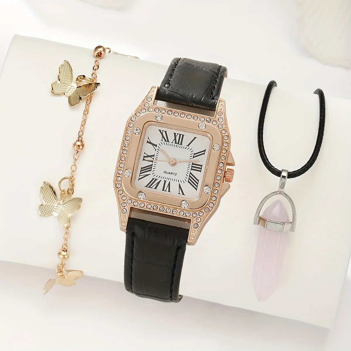 1pc Casual Rhinestone Decor Quartz Watch Luxury Rome Fashion Analog Party Dress Watch & 2pcs Jewelry Set, Gift For Mom/Her