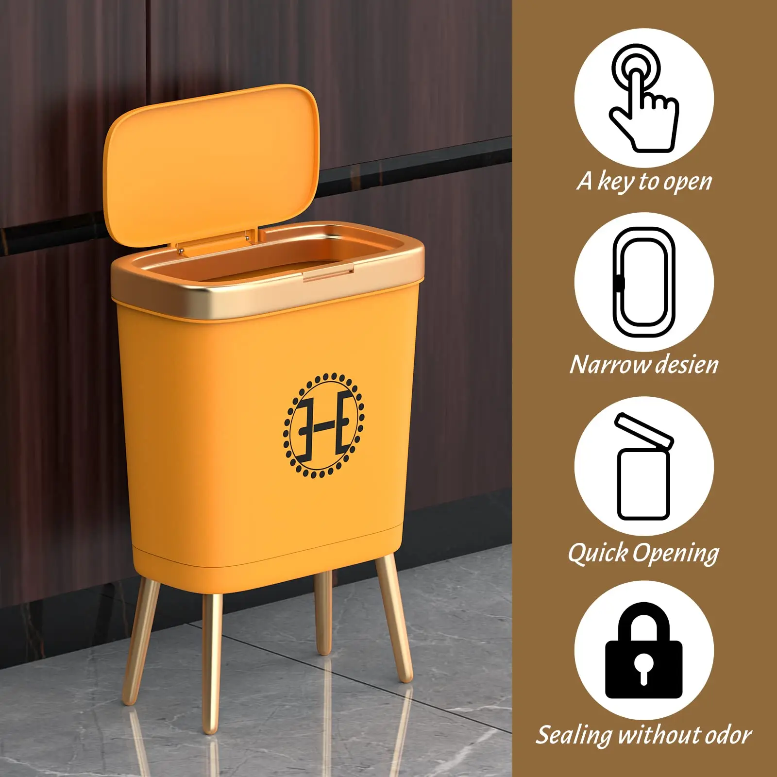 Bedroom Trash Can with Lid,Slim Bathroom Cans Lids, Dog Proof Press Top Lid,Modern Gold Plastic Waste Basket for Office,Kitchen