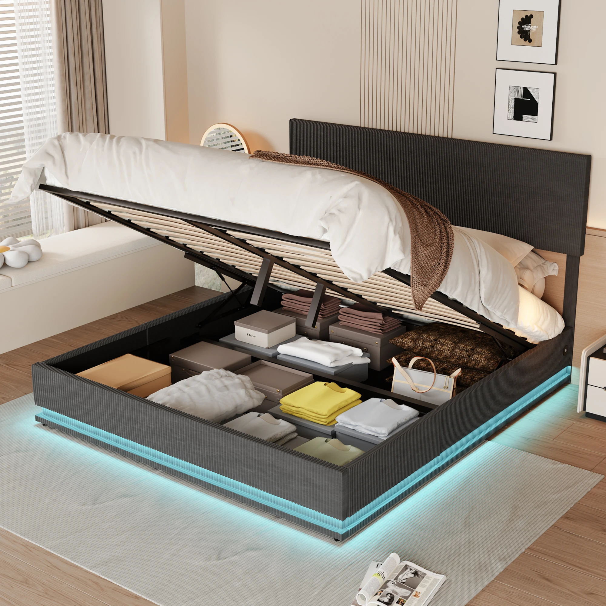 Bed rack 160x200 cm, double bed with storage space and flat noodle holder, LED bed rack with USB charging, dark gray