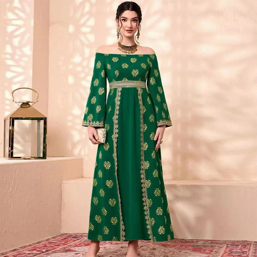 Morocco Kaftan Dubai Turkey Muslim Women Print Long Maxi Party Dress Bronzed boat Robe Eid Ramadan Islam neck long dress